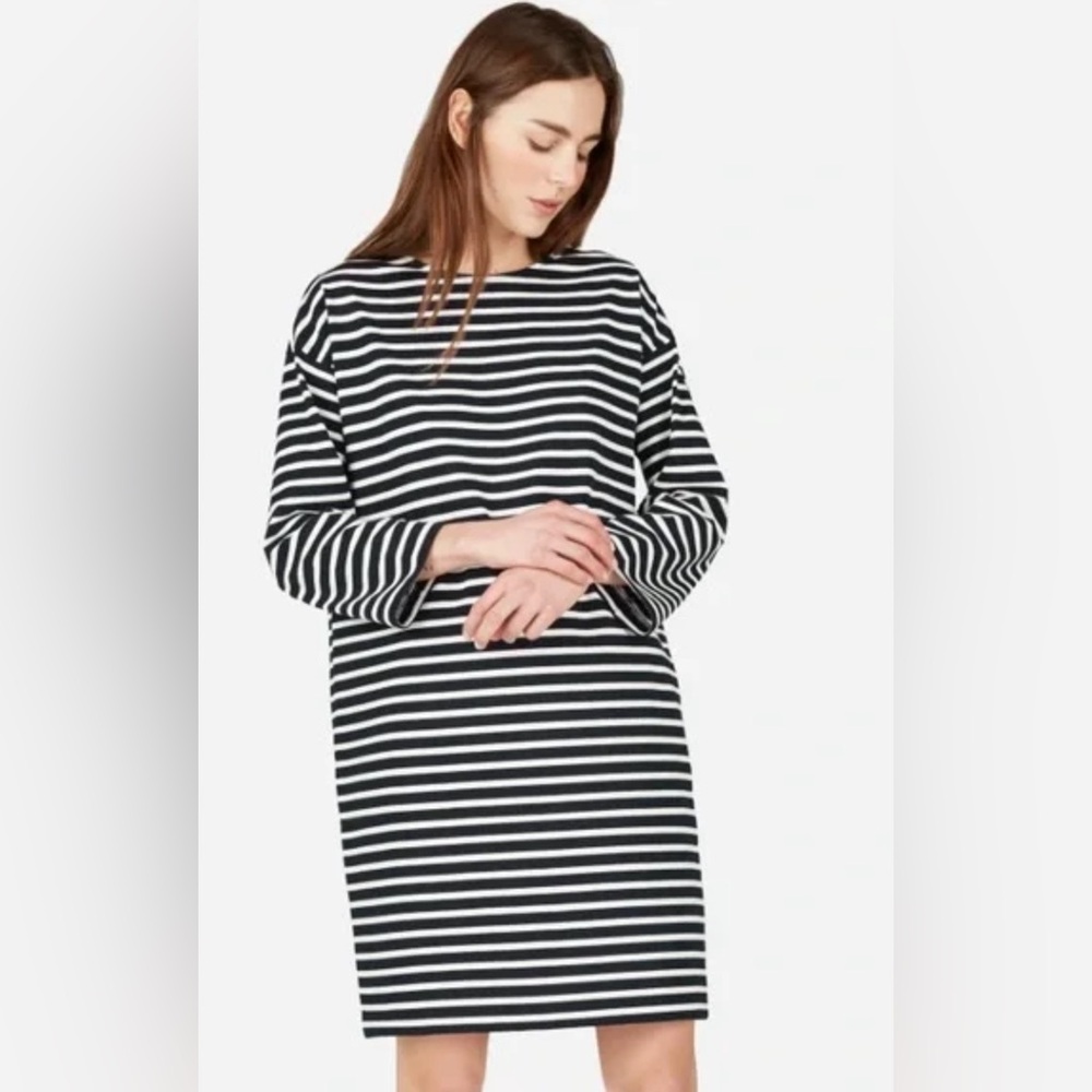 Everlane Black and White Breton Striped Zipper Shouldered Dress Sz L